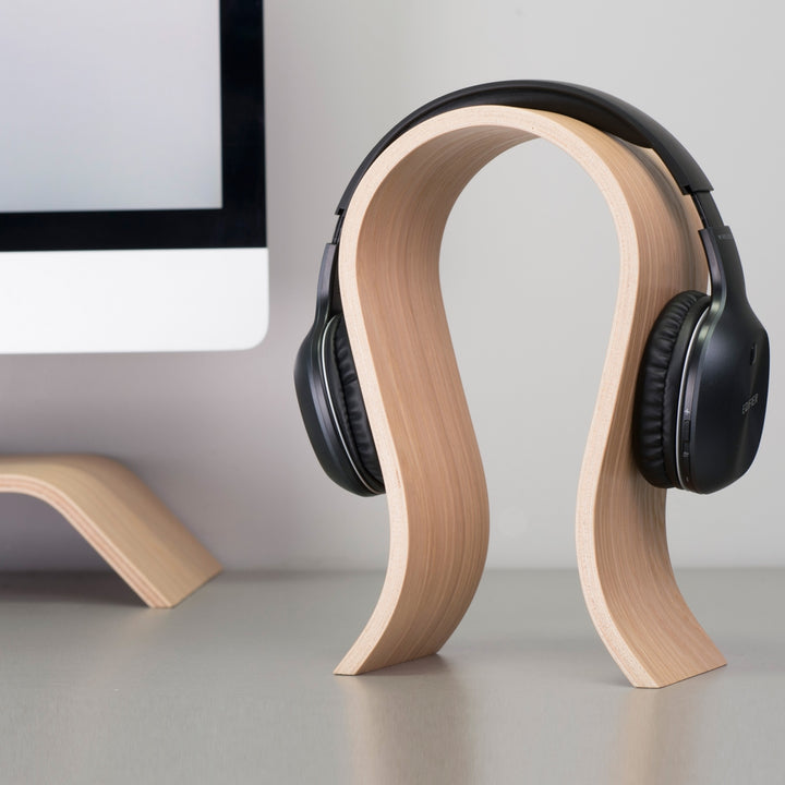 sleek modern headphone holder in oak wood