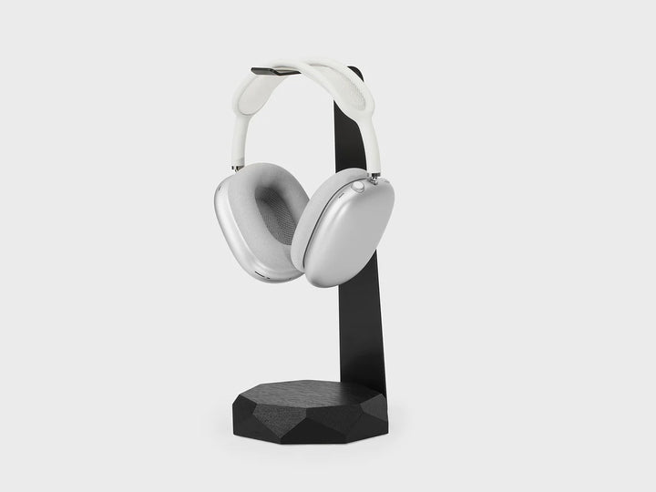 side view of Oakwood headphone stand in black oak