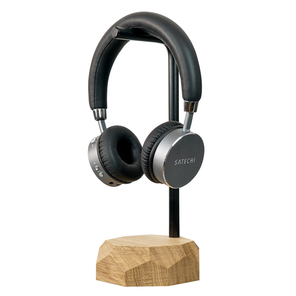Oakwood geometric headphone holder in oak on white background