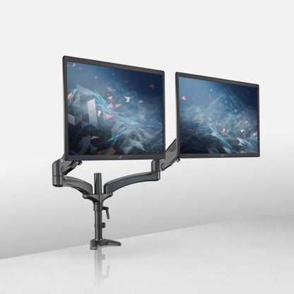 KM dual monitor mount showing two screens attached to a white office desk