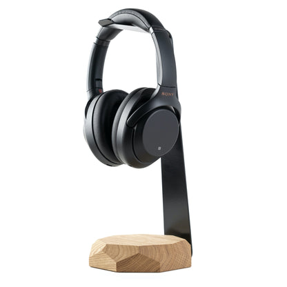 Oakwood headphone stand with Sony headphones on a white background