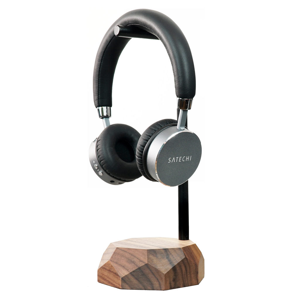 walnut headphone stand on white background