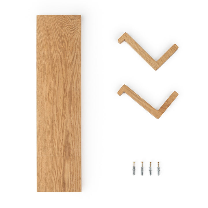 deconstructed oak shelf so the user can see what parts the box comes with