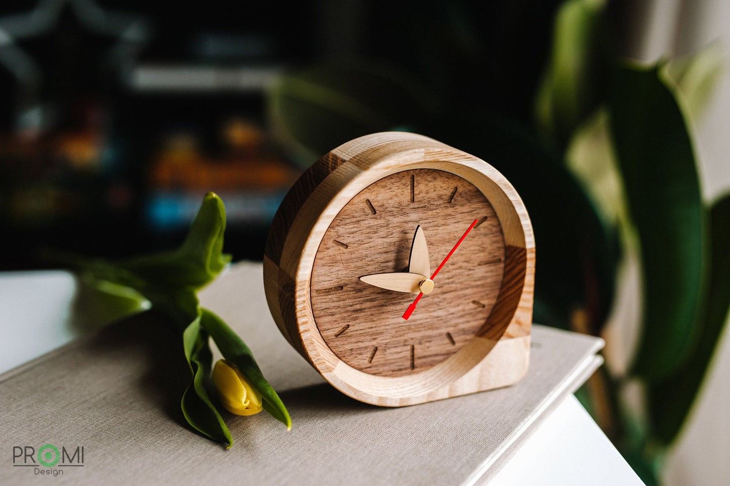 wooden small desk clock resting on a book next to an indoor plant