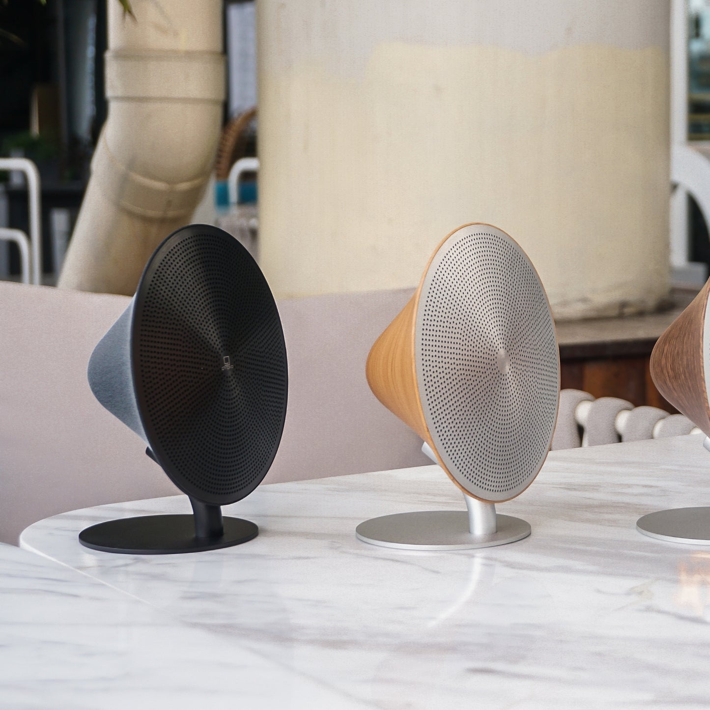 gingko mini Halo one speakers on marble table