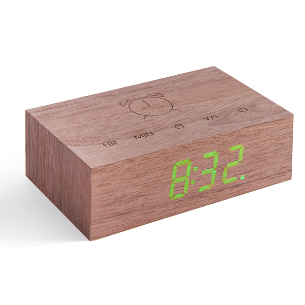 flip click clock in walnut on white background