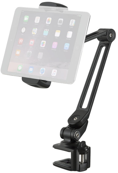km tablet holder showing iPad clamped to it on white background
