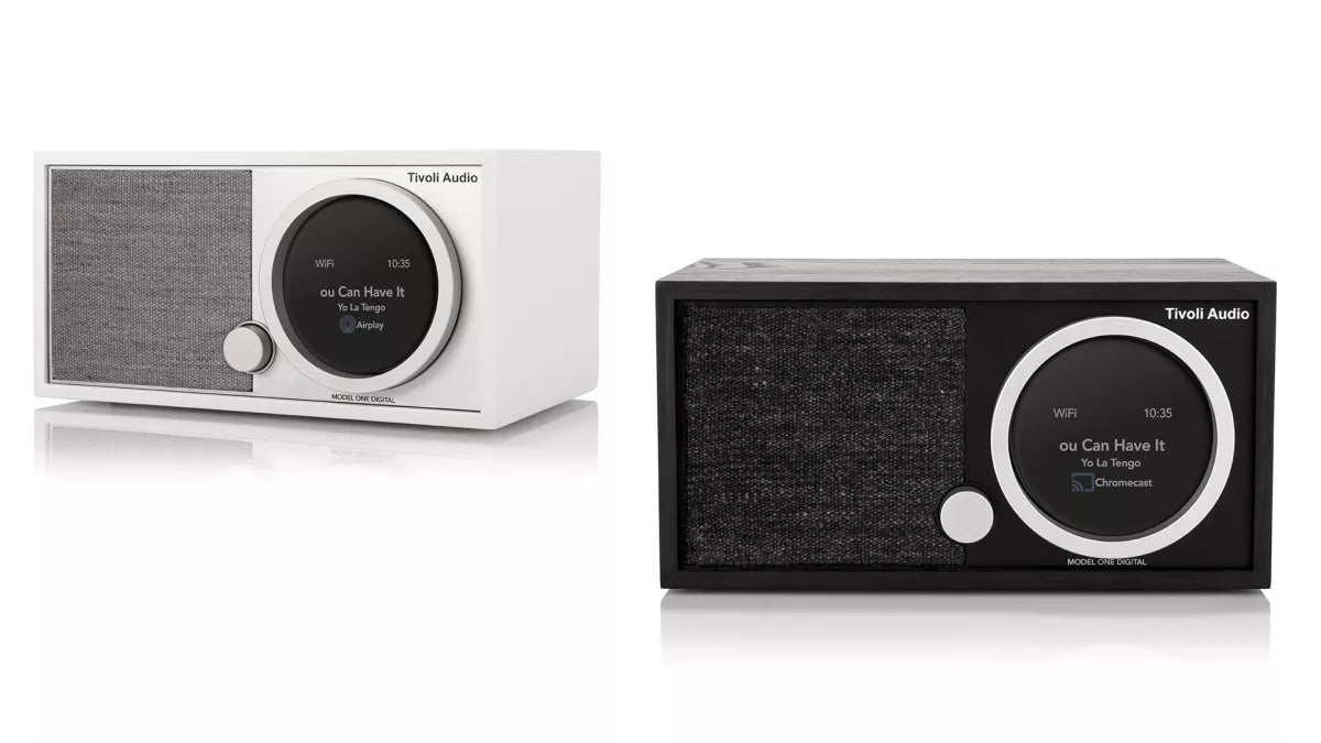 double view of the black and white tivoli audio Model ONe on white background