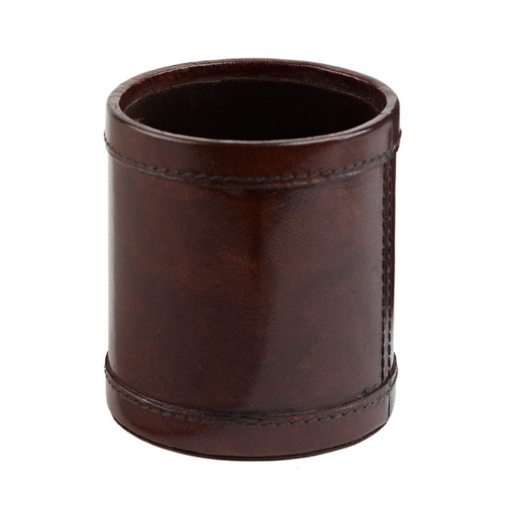 leather pen pot, empty, on white background