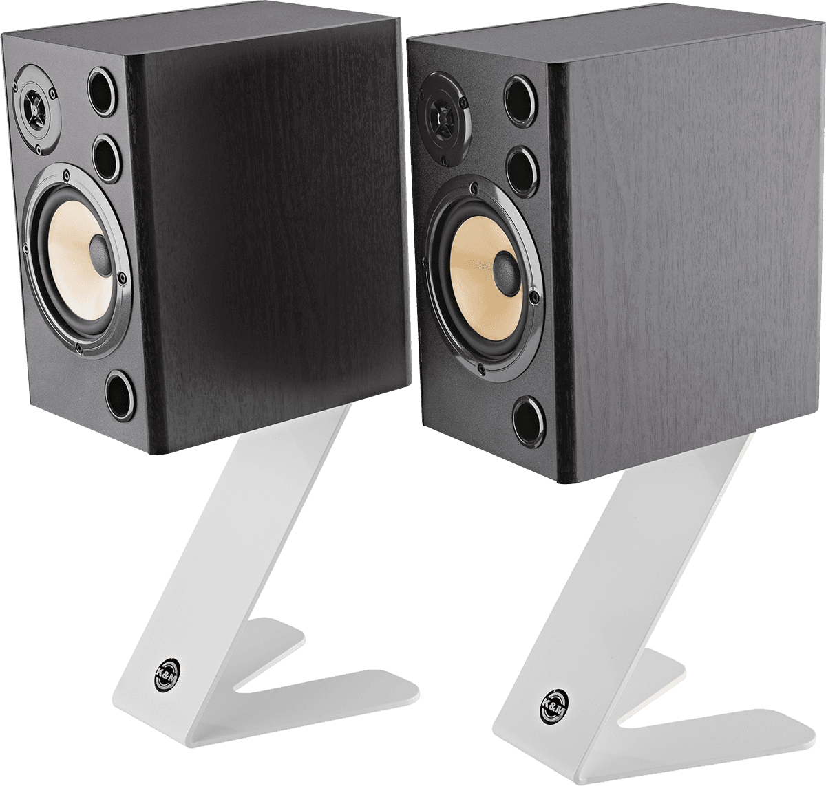 pair of KM speaker stands with black Focal speakers on top 