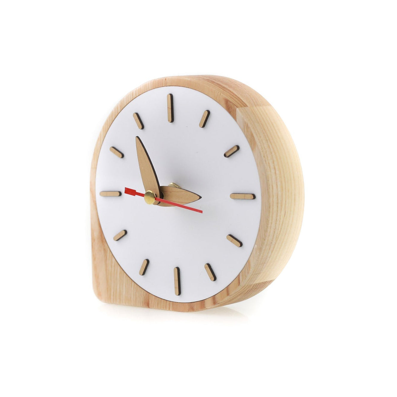 wooden promo desk clock with white face on white background
