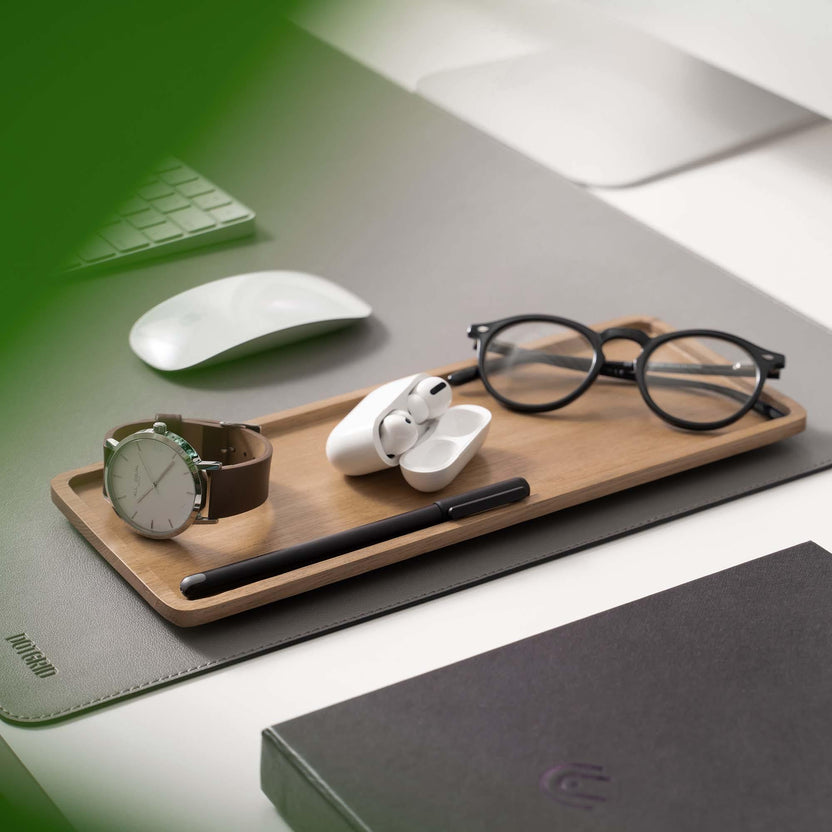 slim desk tray with accessories on desk