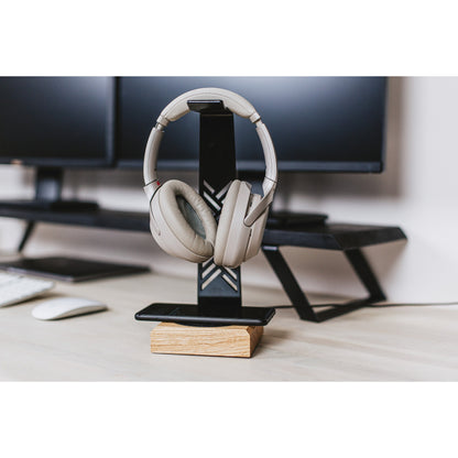 Halostands 2 in 1 headphone stand with white headphones on Office Desk