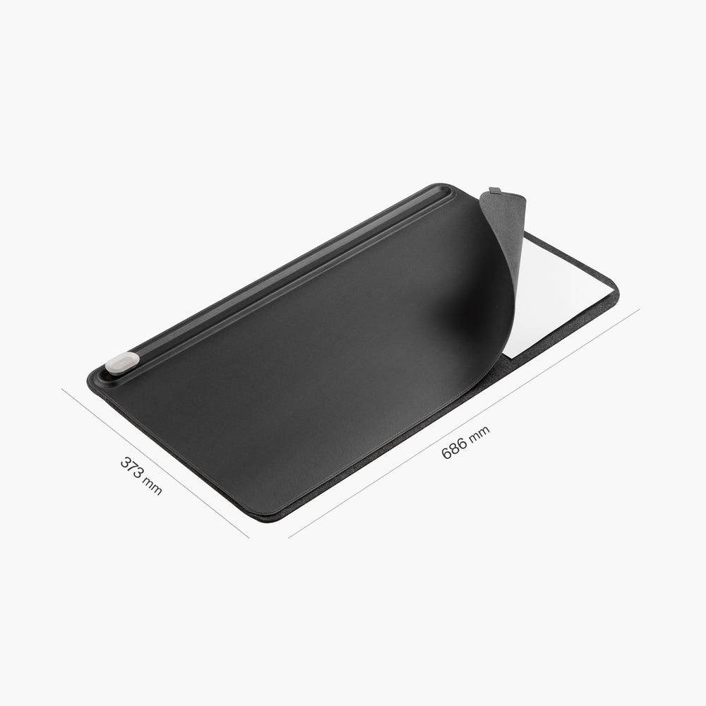 black leather mouse pad showing dimensions against a white background
