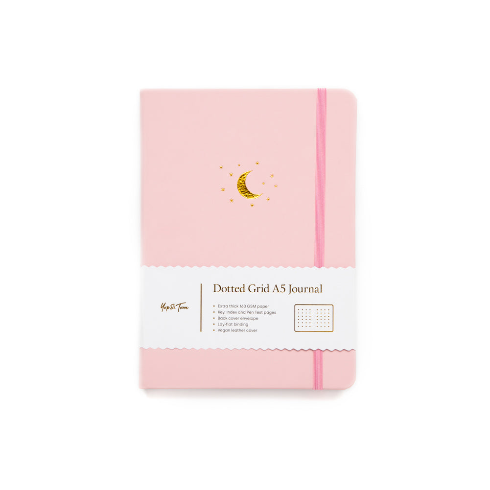 pink version of the yop and tom dotted grid a5 journal