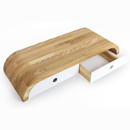 wood monitor stand with two drawers on white background