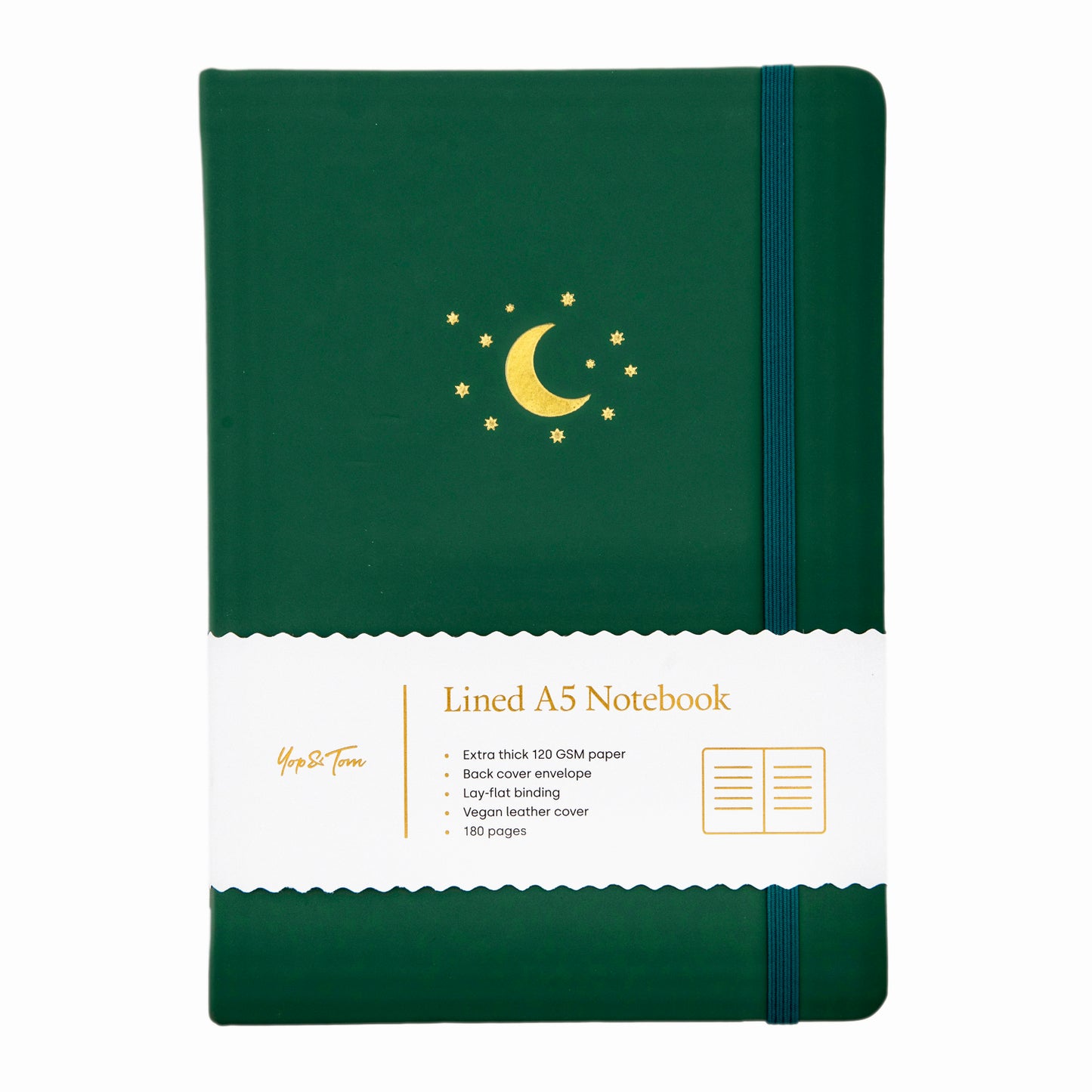 front page of a notebook journal in green with gold stars over a white background