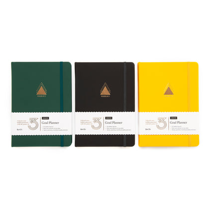 three designs for the yop and tom goal planner, seen in green black and yellow over a white background