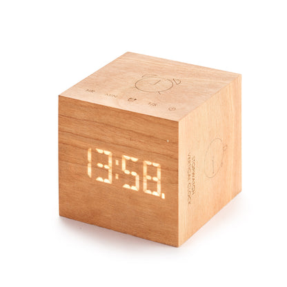 Cube Plus Clock in Oak on white background