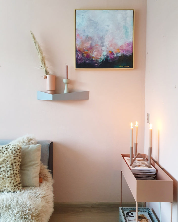 wooden dot shelf in bedroom next to a drawer